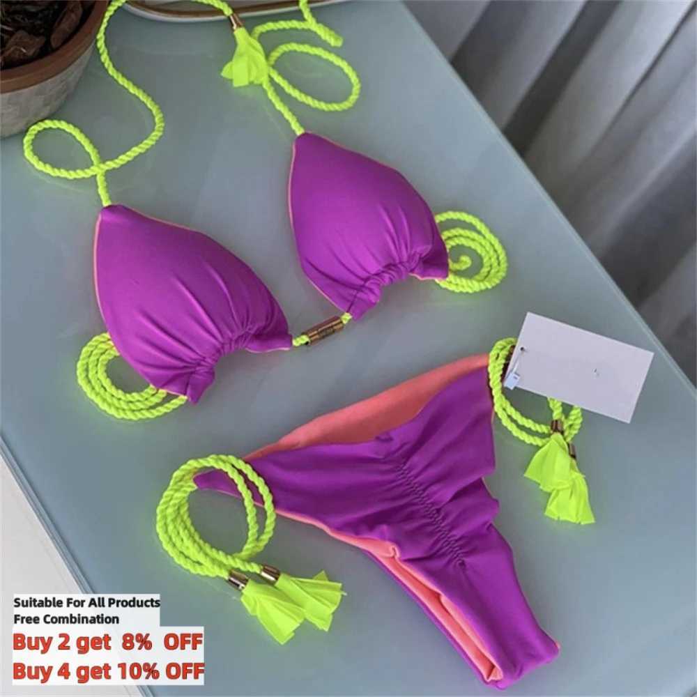 Women's Swimwear Wholesal Bikini Set 14 Solid Colors) S-XL Hand Braided Rope Swimsuit Two Piece Swimwear Lanyard Bathing Suit Beachwear H241130