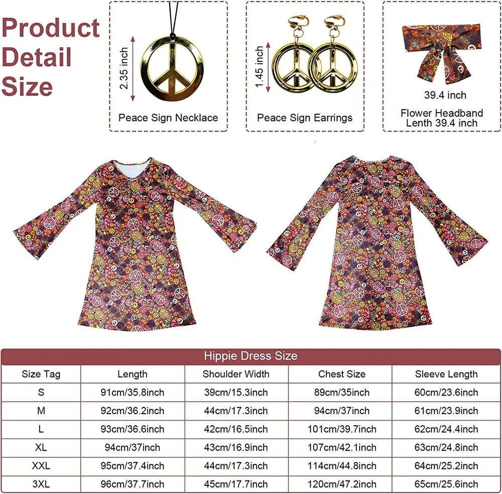 5pcs Set 60s 70s Women Hippie Costume Accessories Hippie Disco Dress Halloween Boho Flared Hippie Dress 240415