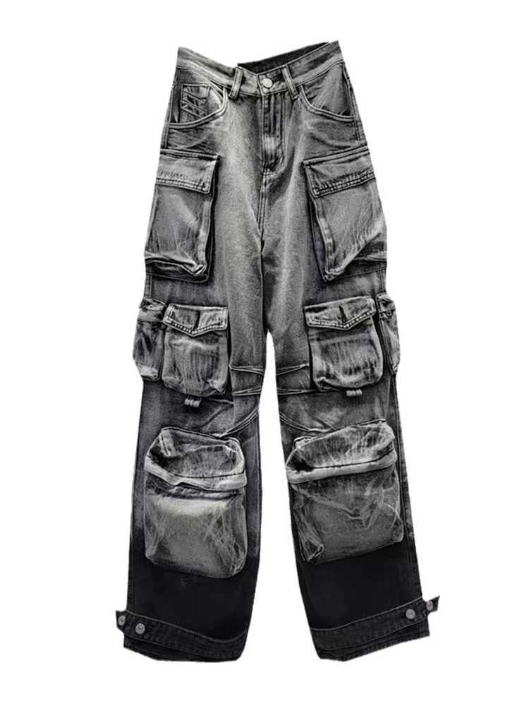 Women's Jeans Retro fashion womens gradient multi pocket jeans 2023 winter new high waisted button cargo denim pants womens 33A538 H241130