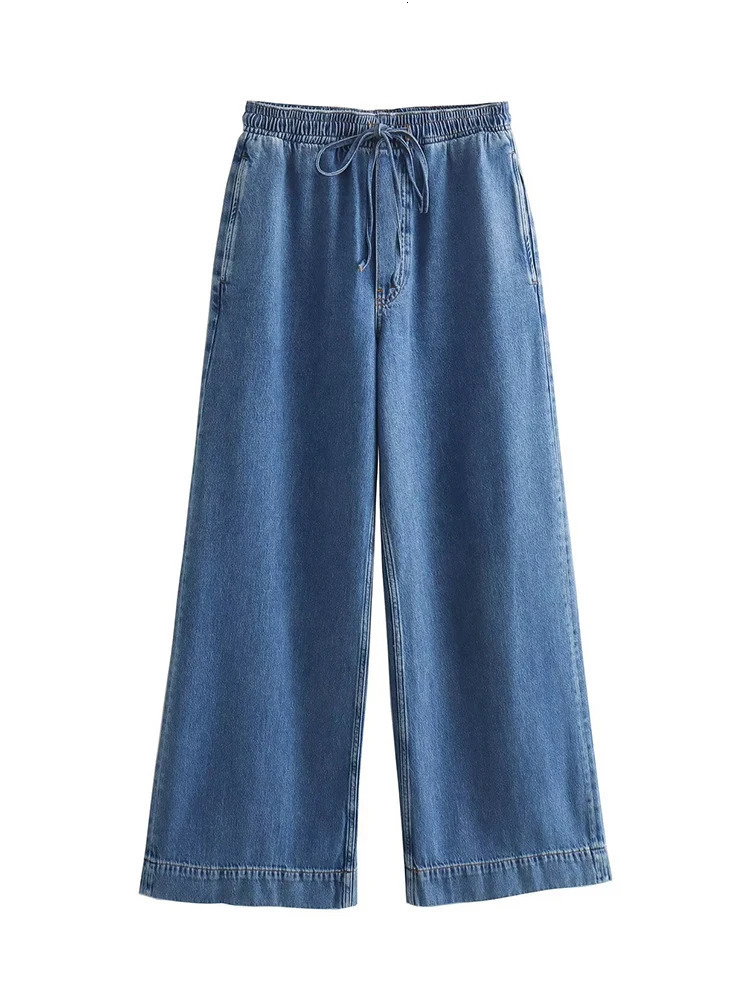 LANMREM Office Lady Washed 2 Piece Set For Women V Neck Pullover Shirts Drawstring High Waist Loose Jeans 2024 Autumn 241129