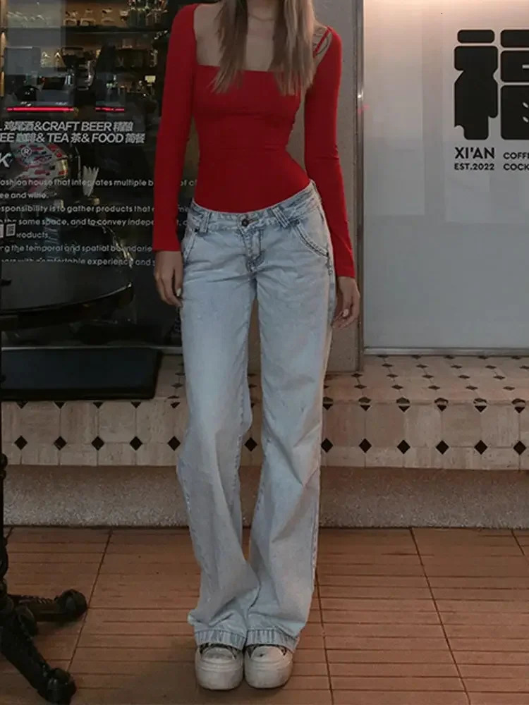 Deeptown Light Blue Low Waist Jeans Woman Streetwear American Vintage Denim Pants Female Casual Washed Straight Pantalons Mujer 241121