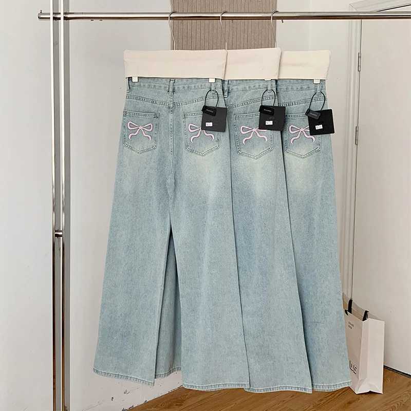 Women's Jeans Korean light blue high waisted wide leg jeans casual and fashionable bag pants embroidered design Vaqueros retro womens jeans H2411