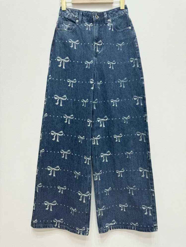 Women's Jeans Womens 2024 new bow decoration print wide leg fashionable denim Trouser H241130