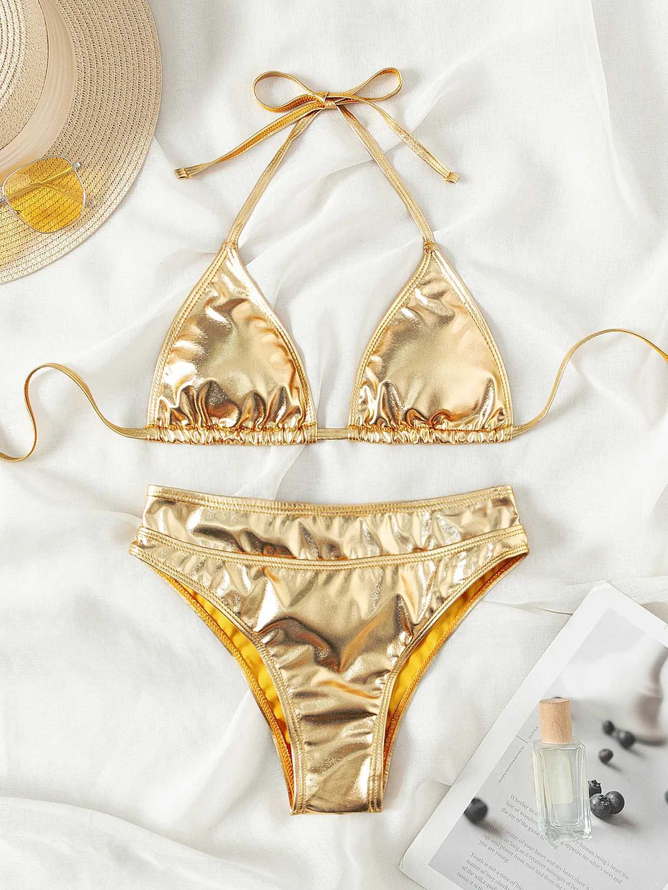 Women's Swimwear Sexy triangle push up bikini metal Brazilian swimsuit womens gold side striped bikini swimsuit H241130