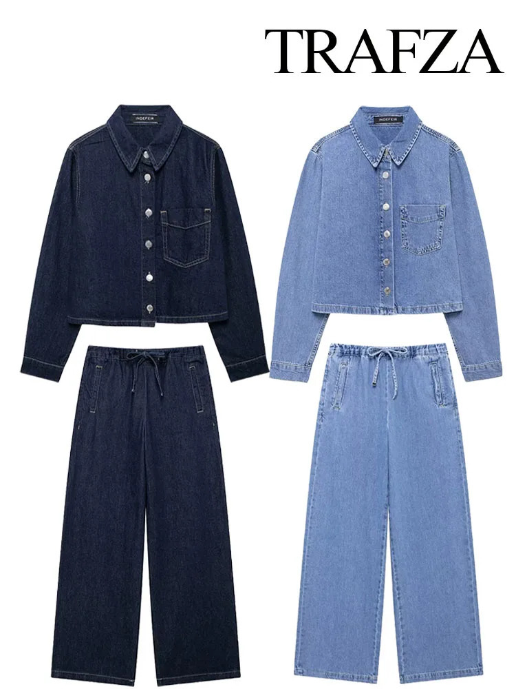 TRAFZA Autumn Fashion Women Suits Solid TurnDown Collar Pocket Single Breasted Denim ShirtsHigh Waist LaceUp Jeans Female Set 241129