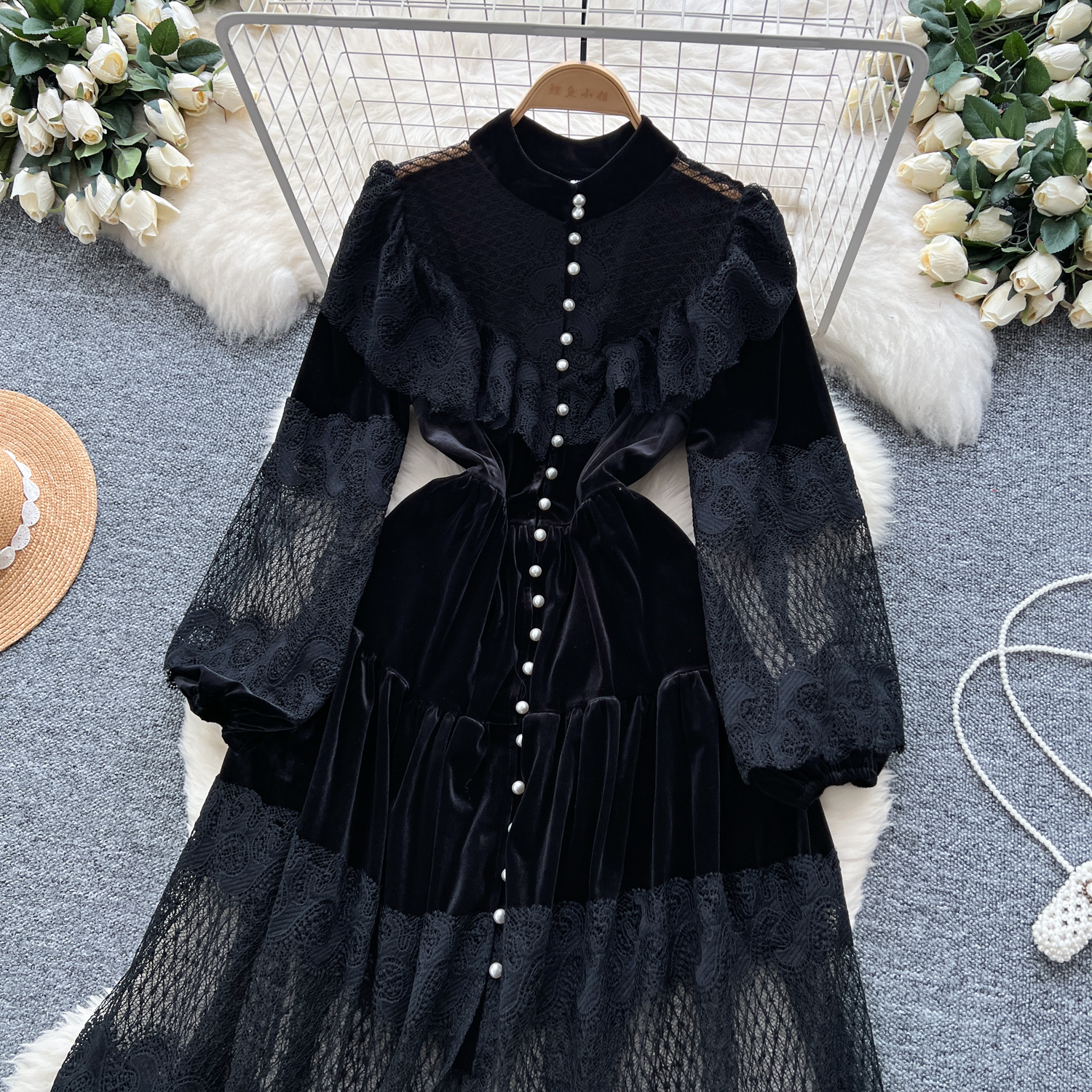 Casual Dresses French Vintage Lace Embroidery Patchwork Velvet Lantern Sleeve Maxi Dress Pearls Buttons Belt Lace Up Wedding Party Prom Vestido 2025