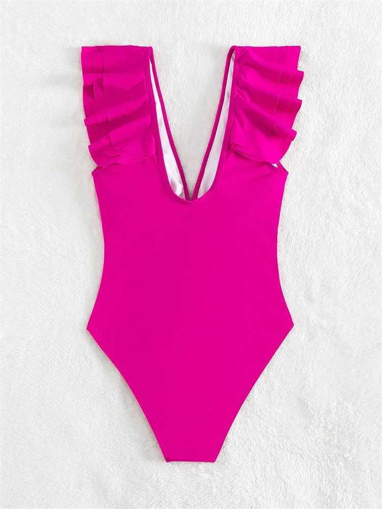 Women's Swimwear Sexy Ruffles Swimwear Women Solid Hot V Neck Control Abdomen Monokini 2024 Summer Bathing Suit Backless One Piece Swimsuit Y2404