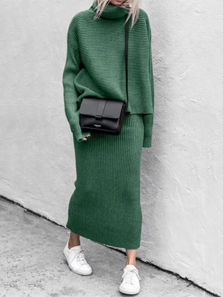 Solid Color Knitted Skirts Two Piece Set Women Winter Knitting Turtleneck Sweater Slim Skirt 2 Sets Lady Trendy Streetwear 241129