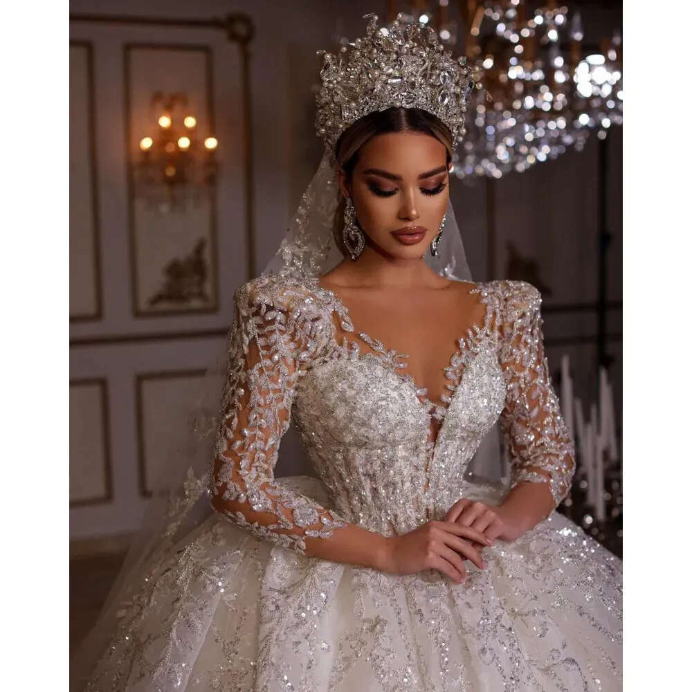 Dresses Wedding V Neck Princess Dress Beading Illusion Floral Sleeve Sparkly Crystal Fluffy Skirt Bride Gowns Custom Made Es