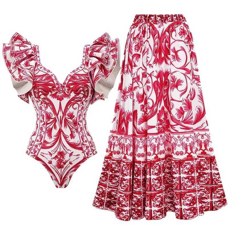 Women's Swimwear Womens printed one-piece swimsuit pleated swimsuit monochrome beach dress elegant swimsuit new 2024 H241130
