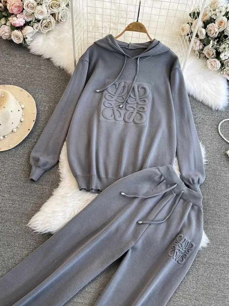 Fashion Suit Womens Korean Version Loose Knit Hooded Top Casual High Waist Slimming Straight Leg Wide Pants Twopiece Set 241129