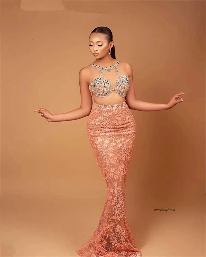 2022 Arabic Style Illusion Mermaid Prom Dresses Top Beaded Pink Lace Bottom Formal Party Dress Satin Vestido De Novia 0431