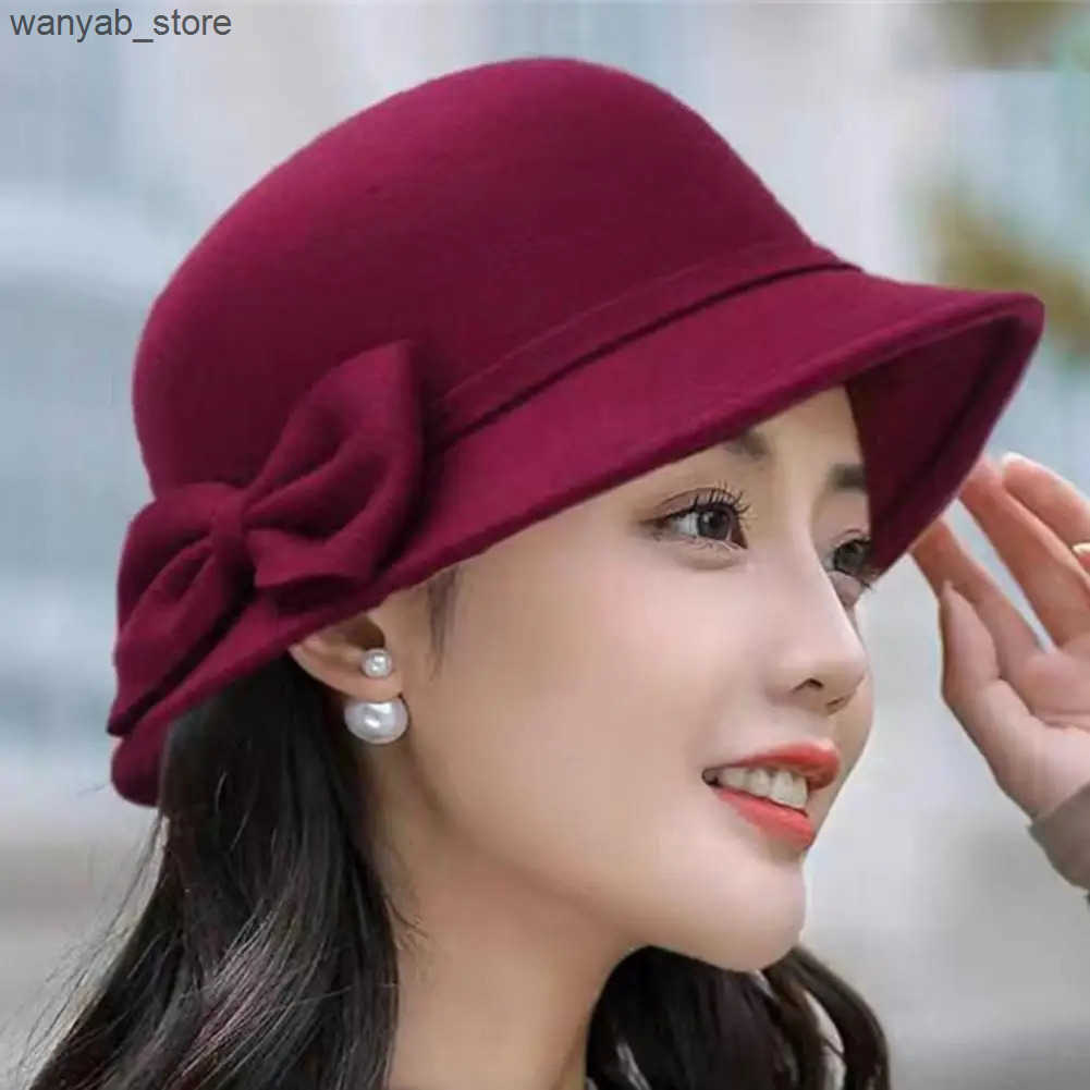 Wide Brim Hats Bucket Hats Women Woolen Hat Solid Color Wide Brim Round Dome Fedora Cap Autumn Winter Elegant Bowknot Decor Felt Hat For Daily Wear L2