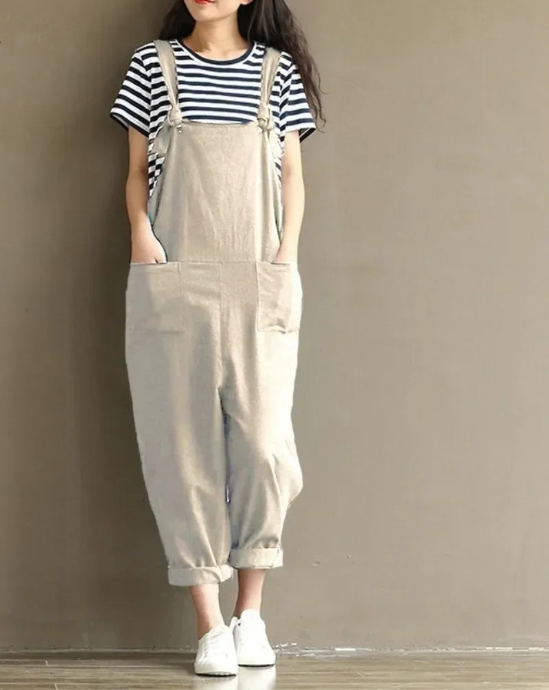 Womens Solid Color Simple Suspender Jumpsuit Sanded Cotton Pocket Loose Casual Pants Daily Wear S3XL 241120
