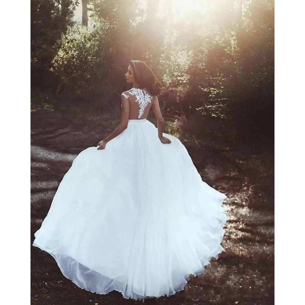 Summer Line Cheap Beach A Wedding Dresses Illusion Cap Sleeves Lace Appliques Side Split Chiffon Sweep Train Plus Size Bridal Gowns Ppliques