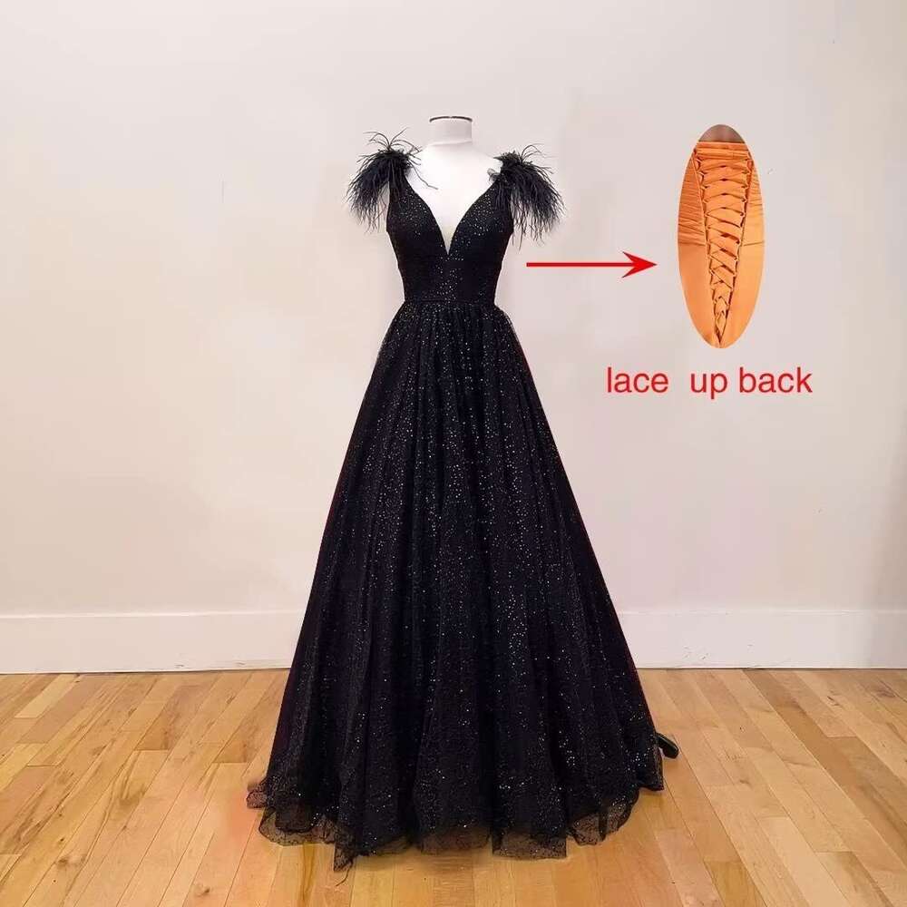 Sequin V Neck Prom Dresses Feather Ball Gown for Women Tulle Formal Evening Party Gowns prom AMZ s