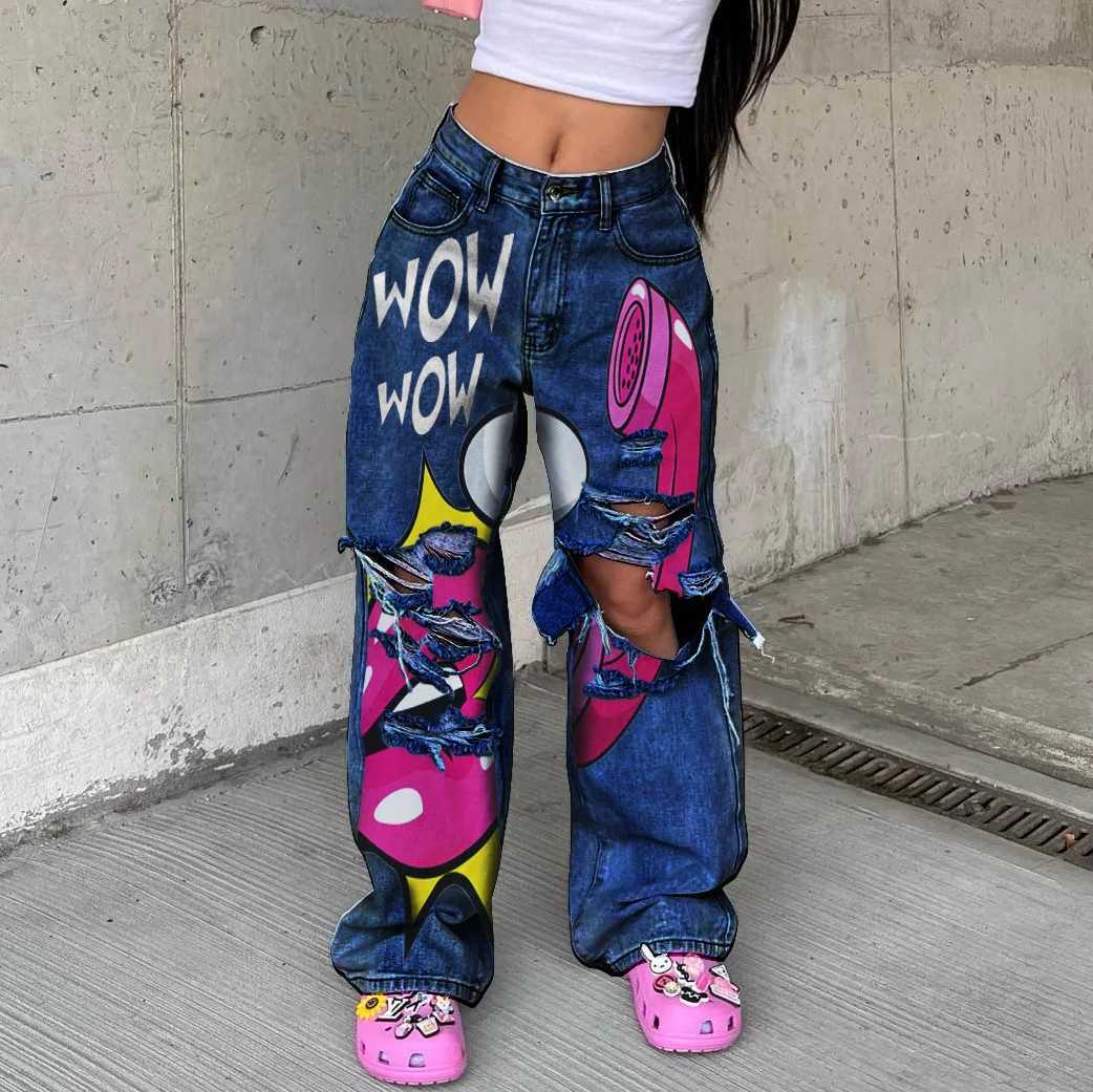 Women's Jeans Mid waist printed stretch jeans stretch daily fashion womens pants Strtwear Baggy jeans boyfriend jeans Y2k hole pants 3XL H241130