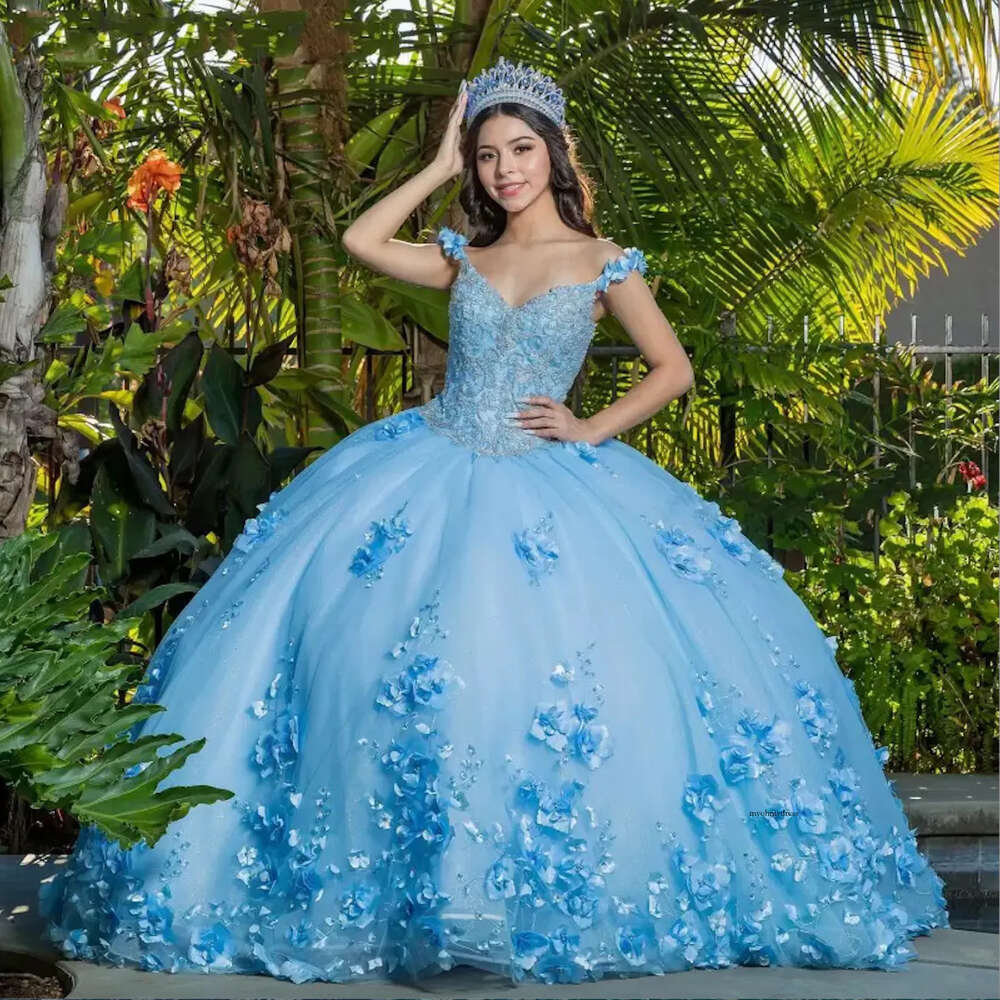 Sky Blue Ball Gown Quinceanera Vestidos De 15 Anos Applique Backless Sweet 16 Dress Pageant Gowns 0431