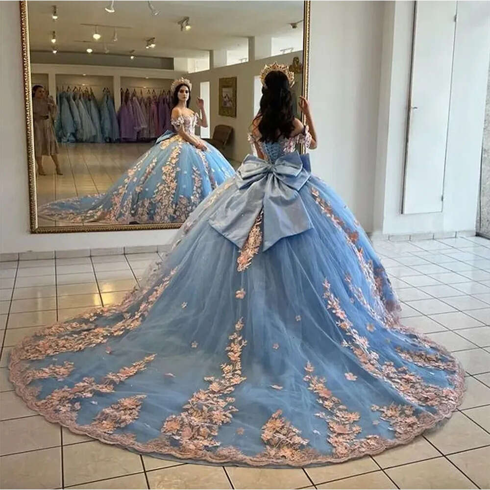 D Sky Lace Blue Floral Princess Quinceanera Dresses Off Shoulder Bow Corset Charro Prom Sweet Vestidos De XV Anos