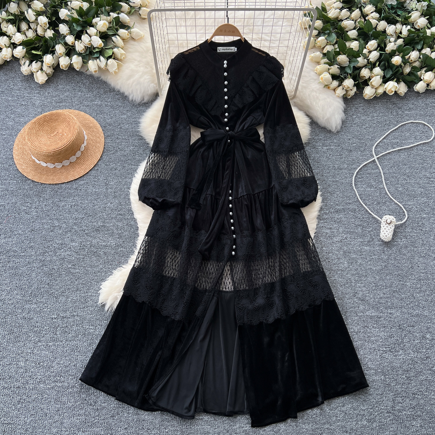 Basic Casual Dresses French Vintage Lace Embroidery Patchwork Velvet Dress Women Long Lantern Sleeve Pearl Buttons Lace Up Wedding Party Prom Vestido
