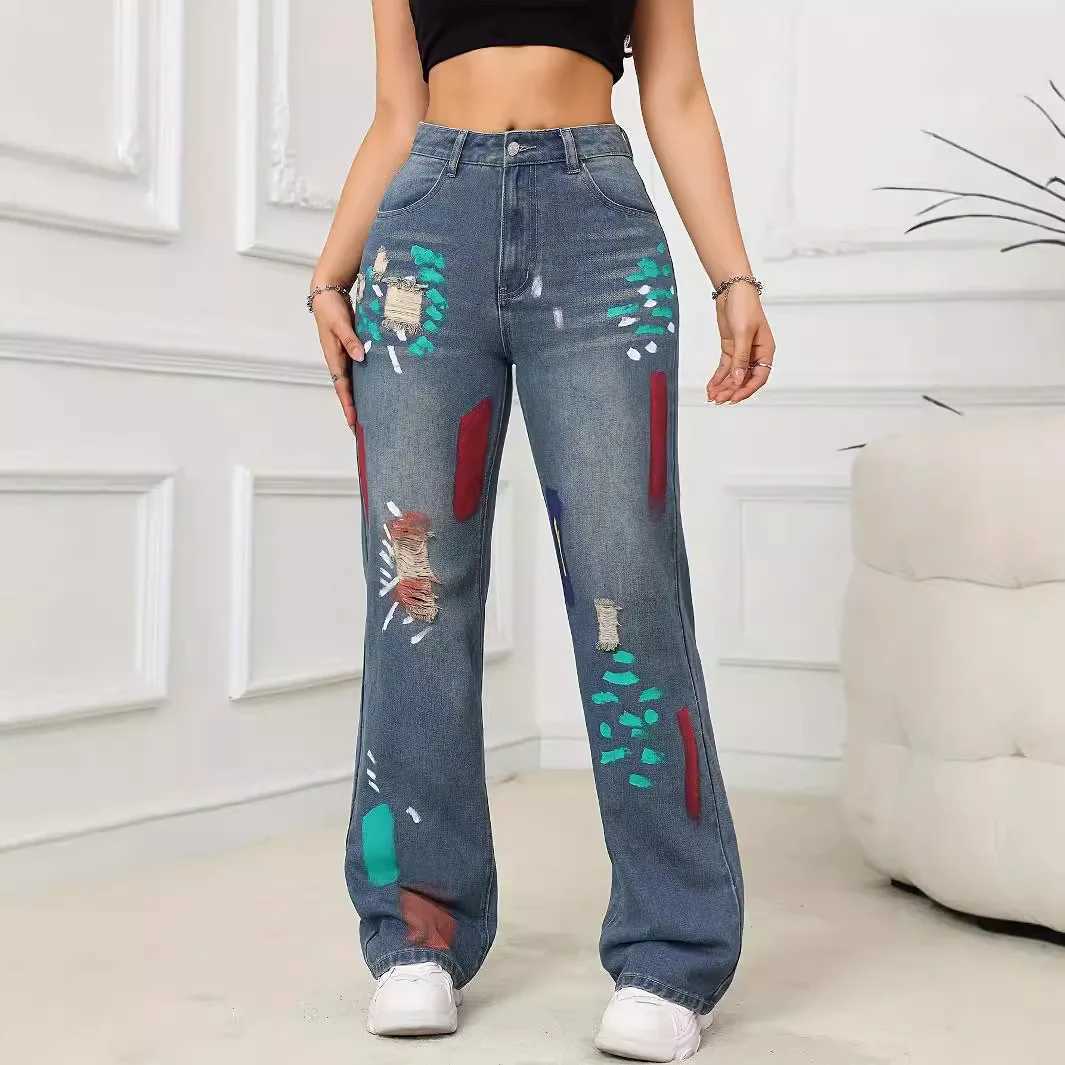 Women's Jeans American retro loose casual high waisted long jeans womens spring and summer new graffiti torn straight leg jeans H241130