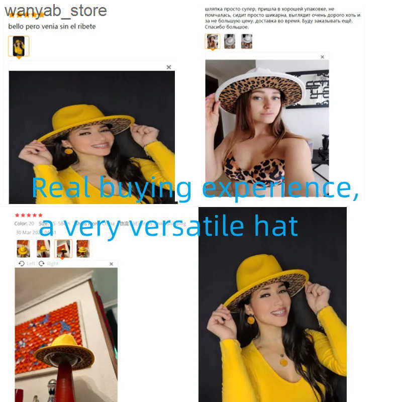 Wide Brim Hats Bucket Hats Yellow fedora inner leopard print spring new hat Panama felt hat for men and women jazz hat fedora hat L240910