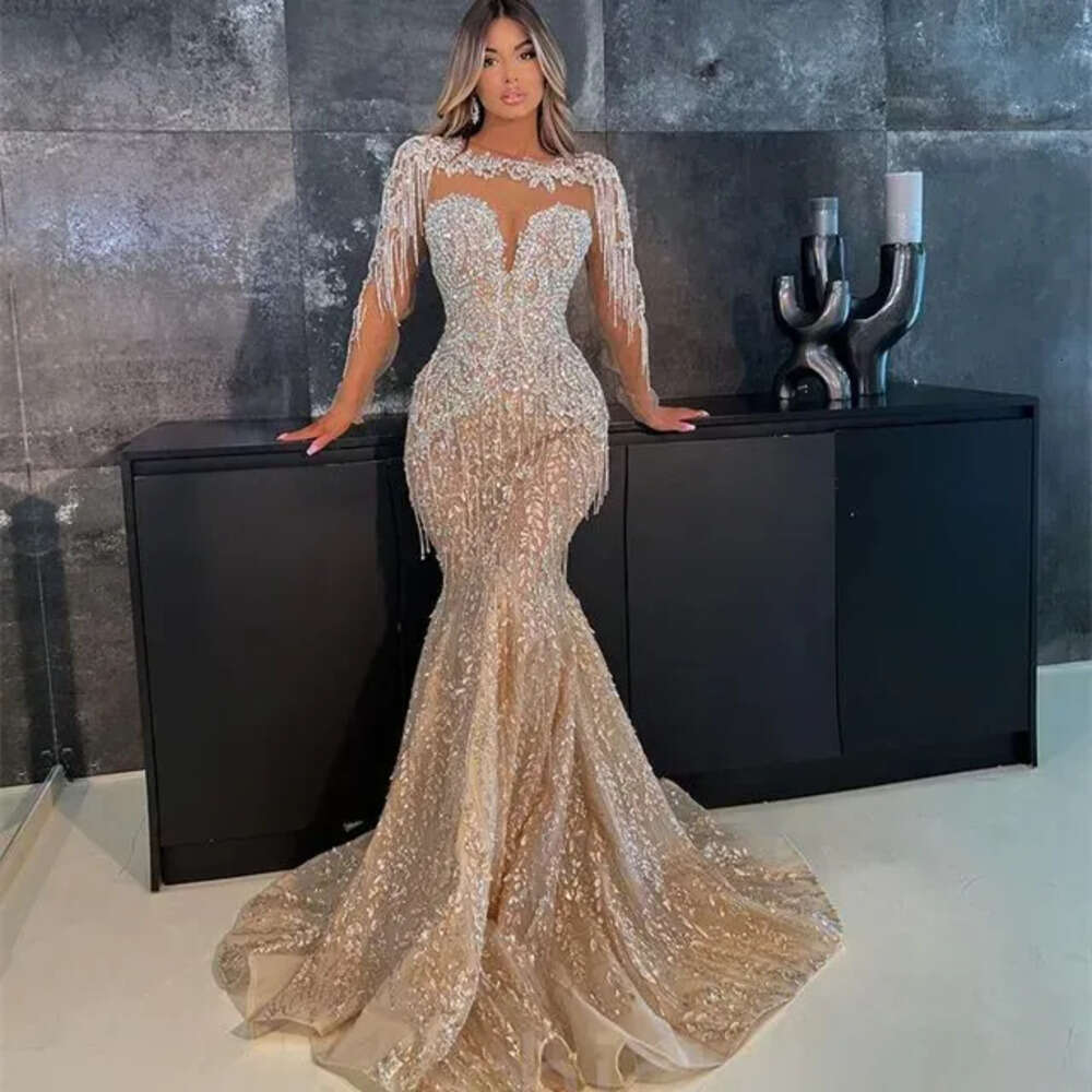 Ao Mermaid Ebi Champagne Prom Dre Beaded Crytal Evening Formal Party Second Reception Birthday Bridemaid Engagement Gown Dree Robe De Soiree E 6660306