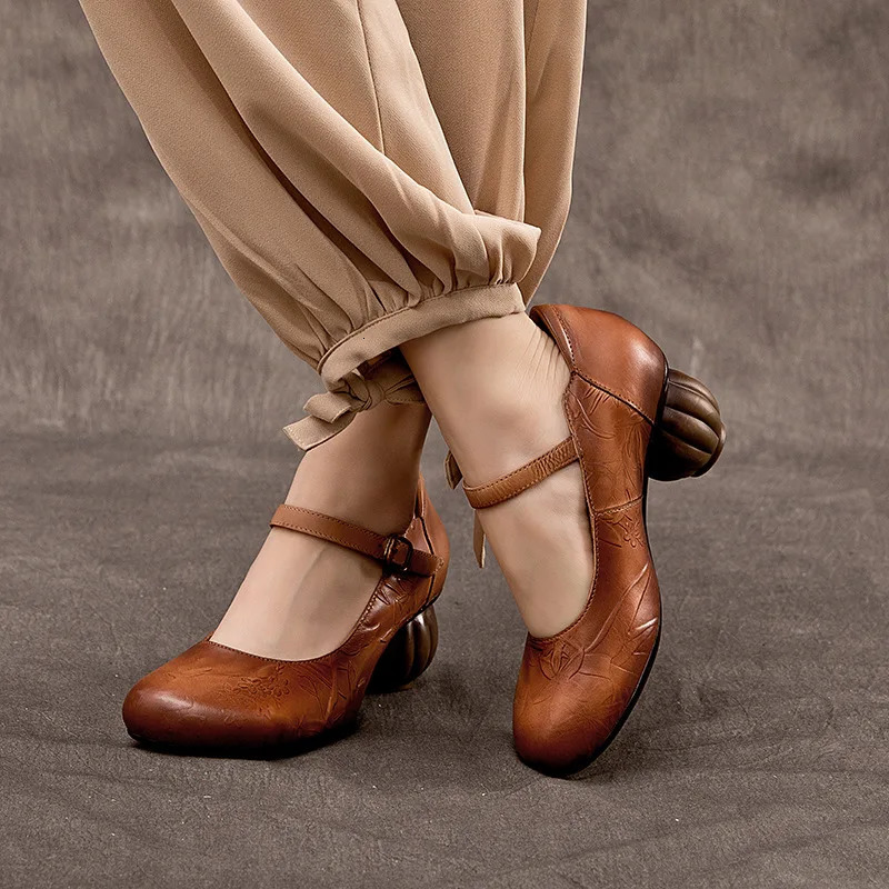 Retro Nostalgic Style Cowhide Womens Shoes All Genuine Leather Pumps 241126