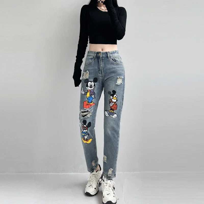 Women's Jeans Cartoon torn jeans womens small print loose high waisted fashionable harem pants Trouser straight jeans hot girl H241130