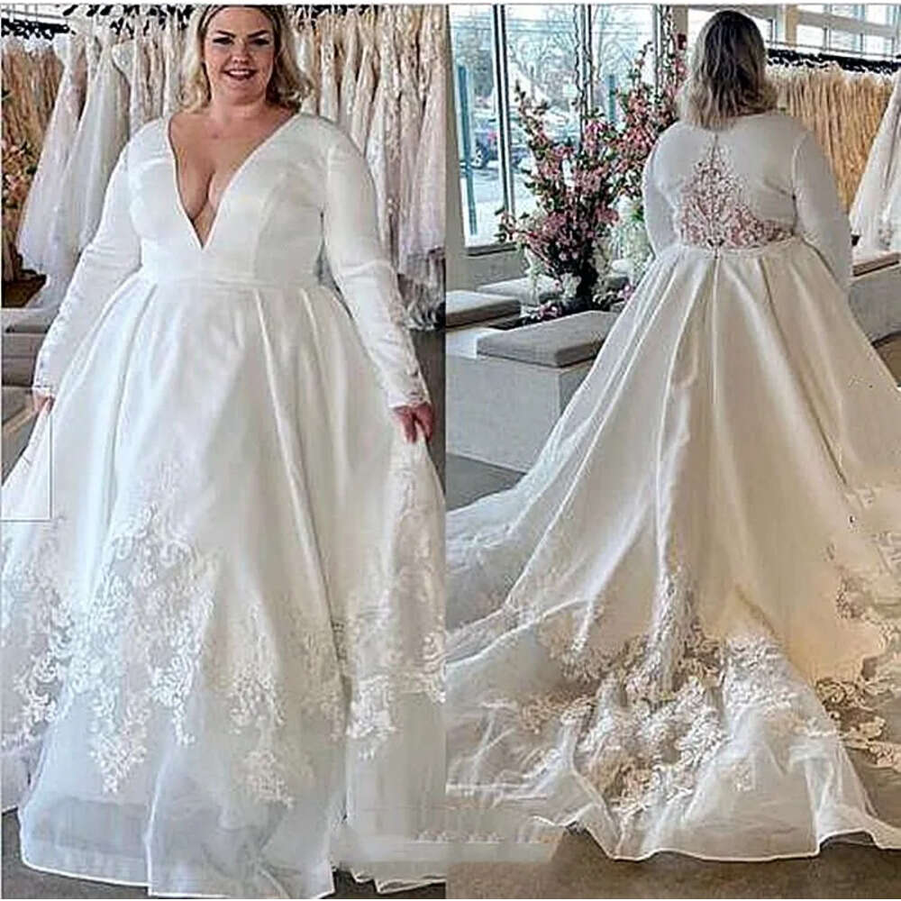 Size Dresses Bridal Wedding Plus Gown Lace Applique A Line Plunging V Neck Long Sleeves Custom Made Beach Garden Vestido De Novia Estido Estido