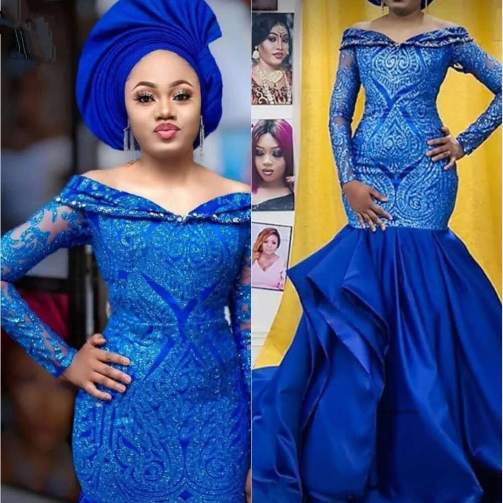 2021 Aso Ebi Royal Blue Mermaid Evening Dress Long Sleeve Off Shoulder Shiny Lace Prom Dresses African Ruffled Skirt Formal Gowns 0431