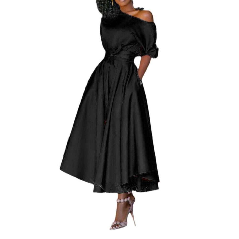 spring summer European and American women's single shoulder lace up waist slimming mid length dress 2024 new casual fashion trend clothing