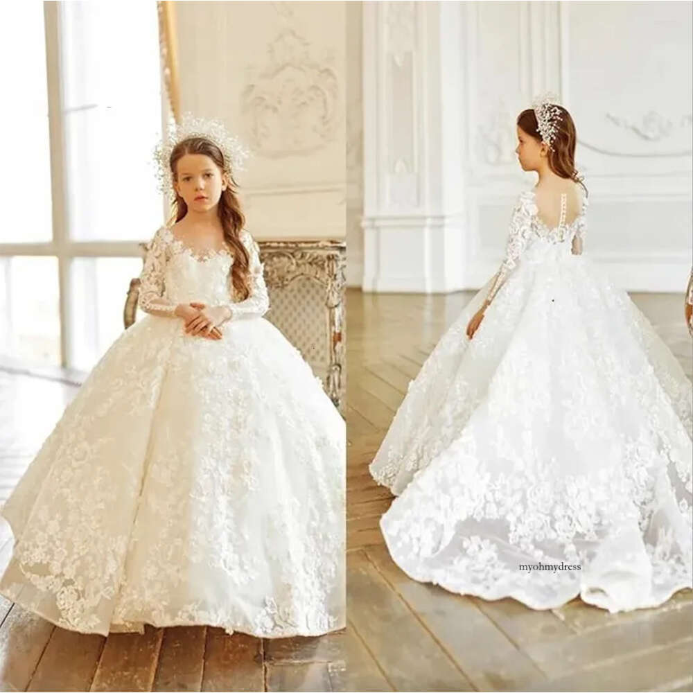 Girls Dresses Ivory Long Sleeve Lace Flower For Weddings Princess First Communion Evening Party Birthday Pageant Prom Ball Gowns 0431
