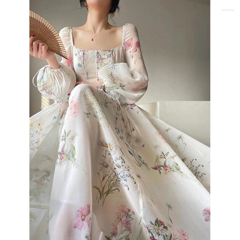 Casual Dresses 2024 Summer Korean Style Floral Evening Party Chiffon Long Sleeve Beach Midi Fairy Dress Vestidos De Ocasion Formales