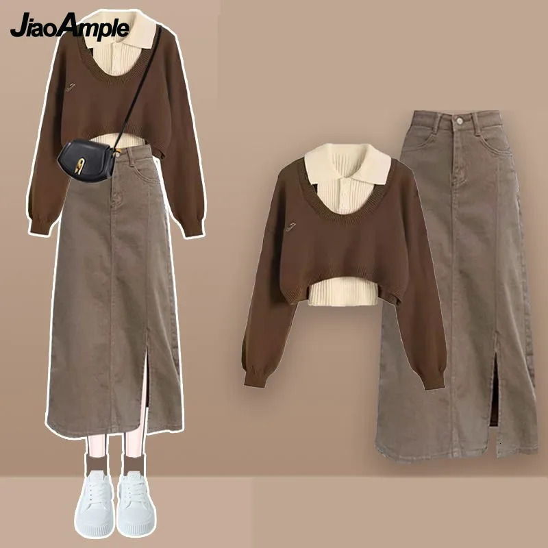 Women Autumn Winter Vintage Knit SweaterVestDenim Midi Skirt 3piece Suit 2024 Korean Elegant Pullover Dress Matching Set 241129