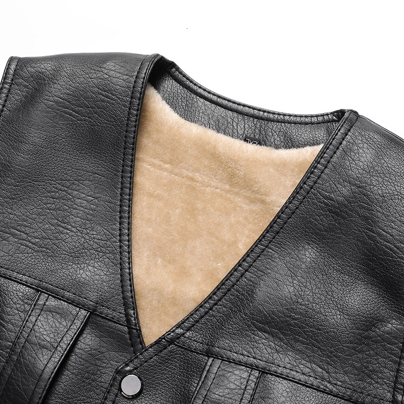 2024 Winter Men Thick Warm Fleece Leather Vest Coat Male VNeck Single Breasted Casual Clothing Outerwear 241129