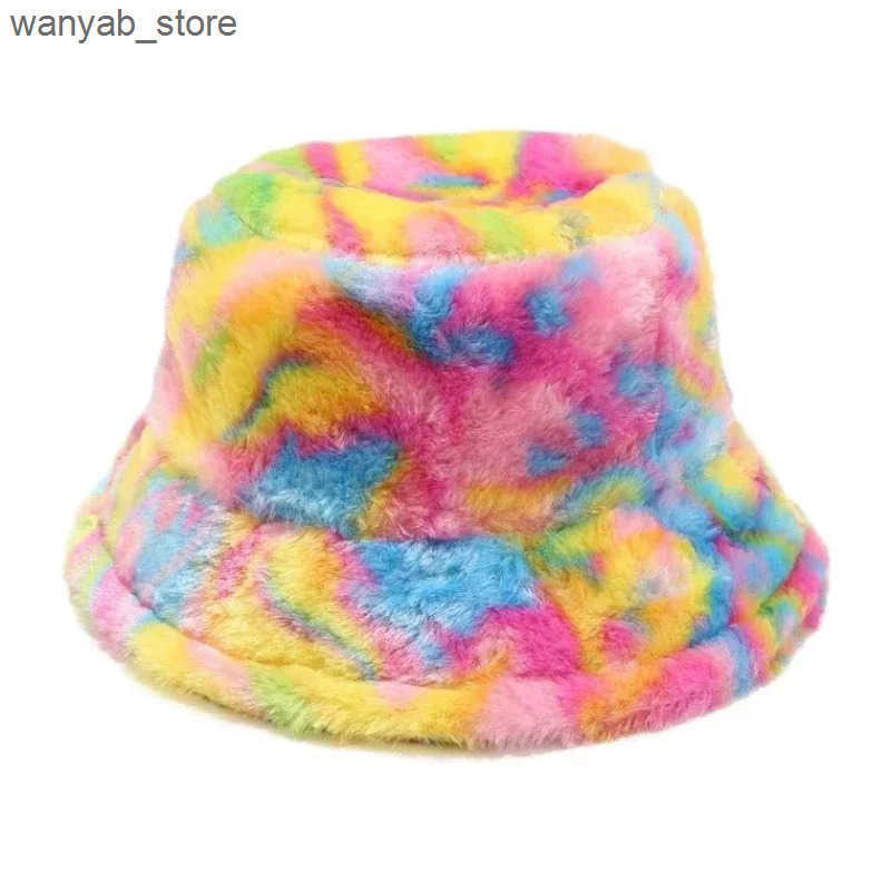 Wide Brim Hats Bucket Winter Women Fashion Print Ladies Warm Panama Hat Wool Soft Velvet Thickened Fur Rabbit Hair Outdoor Fisherman L240910