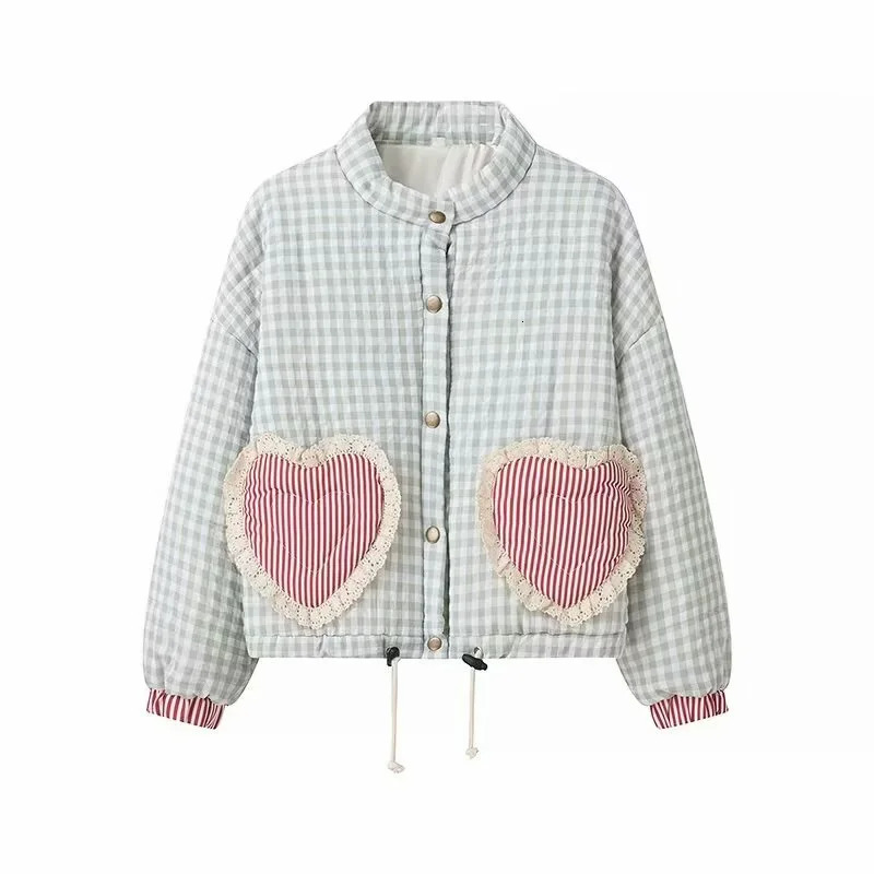 Women Lovely Loose Heart Patterned Parkas 2024 Winter Long Sleeve Quilted Cotton Padded Jacket Coat Female Cute Outerwear 241125