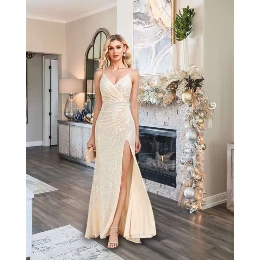 Neck Sequin V Prom Long Split Mermaid Formal Dresses for Women Sparkly Spaghetti Straps Evening Gown prom