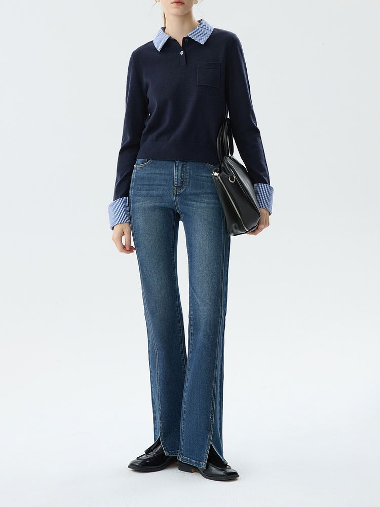 Cotton High Waist Flared Pants For Women Winter New Design Style Split Versatile Jeans Chic Trouser 24Fs14496