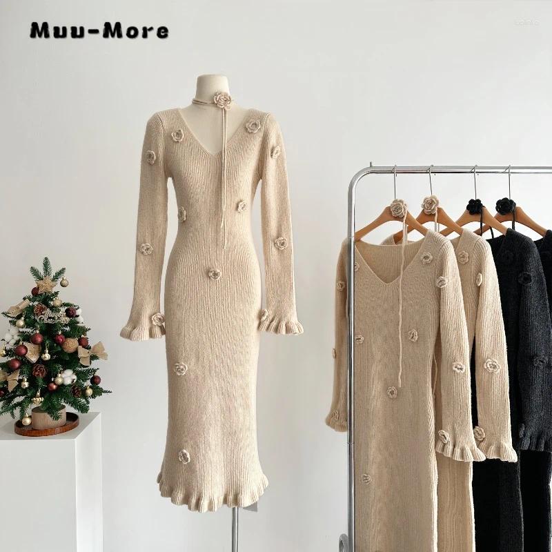 Casual Dresses 2024 Spring Vintage Long Sleeve Female Solid Color Midi Women Elegant V-neck Knitting 3D Floral A-Line Dress