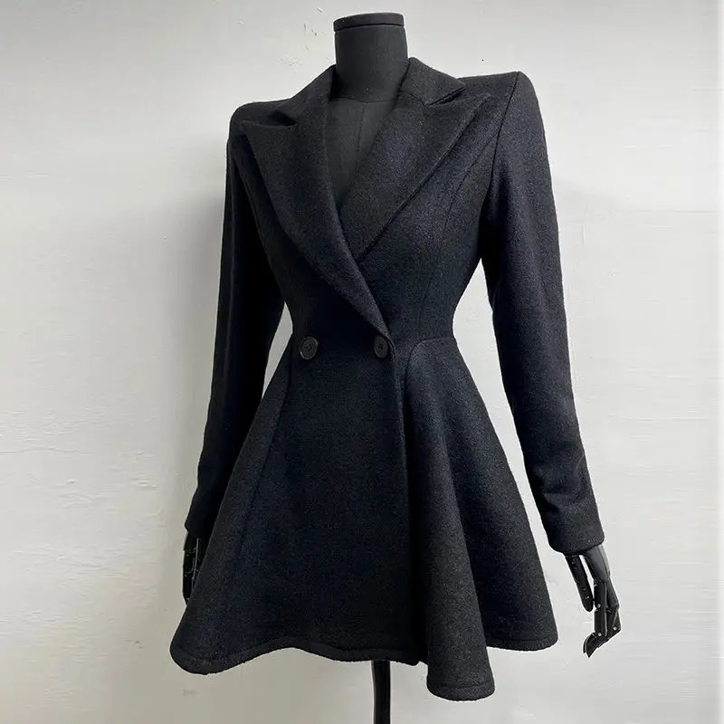 French Style Waist Slimming Woolen Suit Korean Fashion Slim Fit Black Mid Length Coat Women Clothing 241129