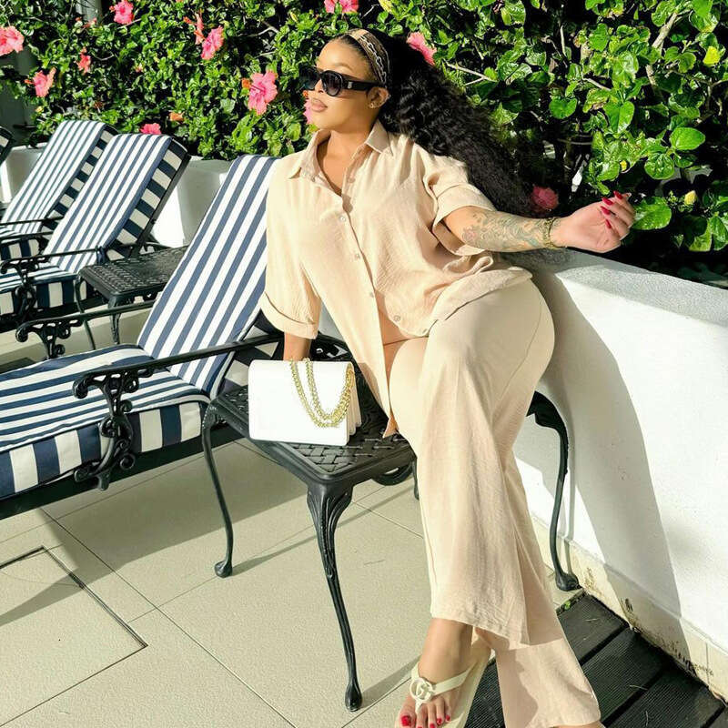 African Fashion Casual Loose Short Sleeved Shirt Cardigan Pants Women's Two-Piece Set Women