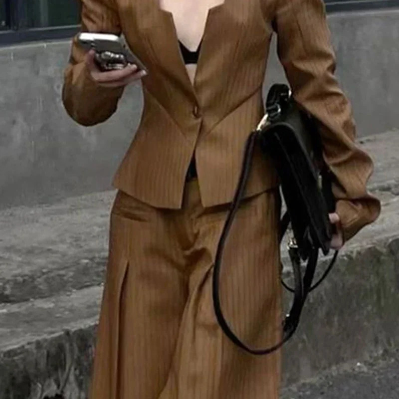 Gymystars Two Piece Trousers Set Striped Pants Blazer Outerwear VNeck Loose Buttoned SplitJoint Wide Leg Suit Famale Clothing 241129