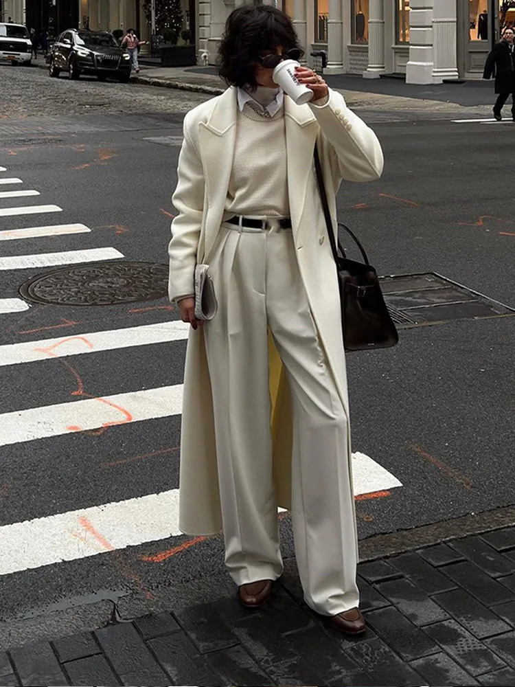 White Elegant Double Breasted Loose Woolen Coat 2024 Women Chic Oversized Long Sleeve Overcoat Fall Winter Ladies Outerwear 241121