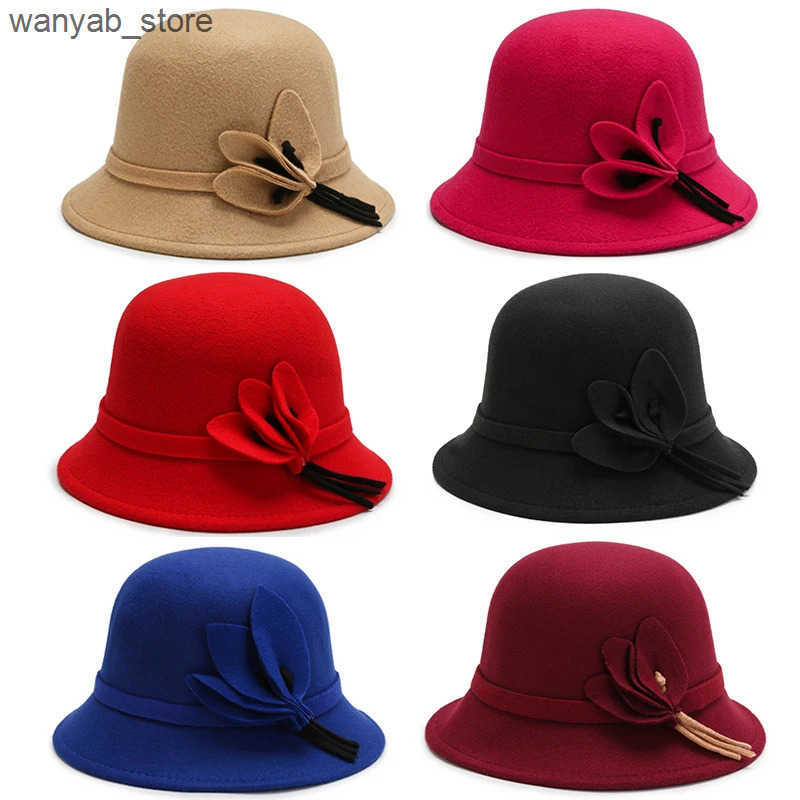 Wide Brim Hats Bucket Bowler Girl Fedora Elegant Church Cloche Autumn Winter Warm Hat Felt Cap Women Vintage Retro L240910 L0910