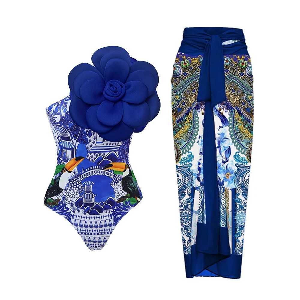 Women's Swimwear Blue Single-Shoulder Ruffled Print Floral Womens Swimsuit Set Cover Up Single One Piece Micro Monokini Sexy Swimwear For Girls H