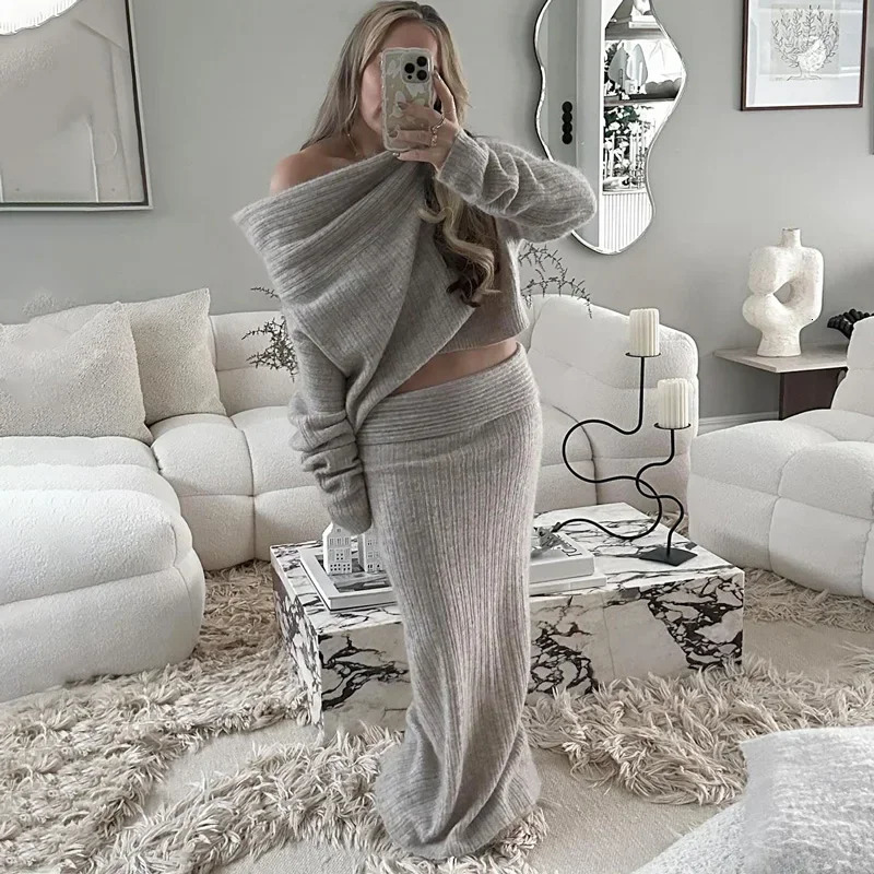 Talenza Knitted Long Skirt 2 Piece Set Womens Solid One Shoulder Sleeve Sweater Pullover Elegant Slim 241129