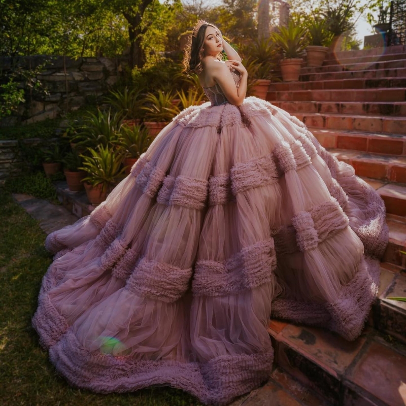 Pink Off The Shoulder Quinceanera Dresses Ball Gown Beads Crystal Tulle Tiered Mexican Sweet 16 Dresses Vestidos De 15 Anos