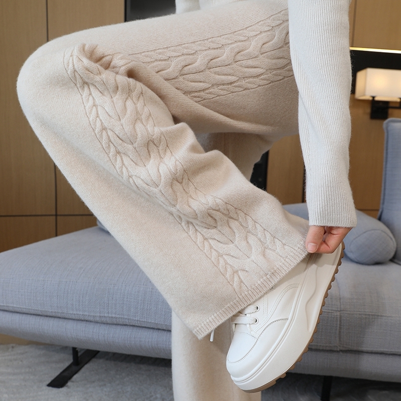 High Quality 100% Wool Women's High Waisted Wide With Side Jacquard Thickened Cashmere Loose Straight Leg Pants
